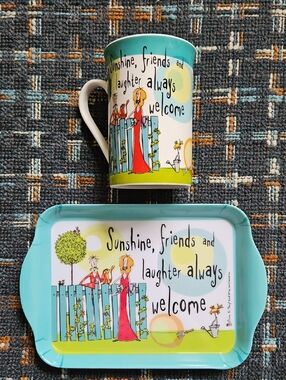 "Sunshine, Friends & Laughter Always Welcome" Snack Mug Cup and Tray Serving Set
